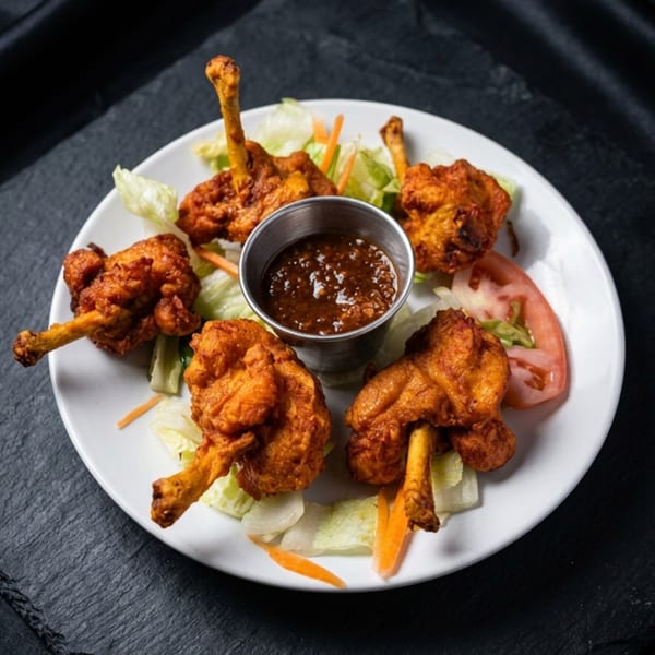 Five fried chicken lollipops with a side of salad and dipping sauce on a white plate.