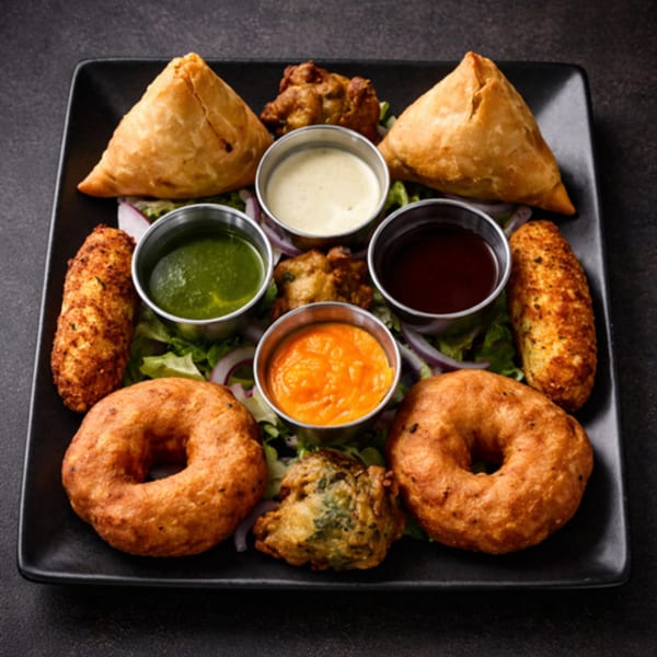 A black square plate holds an assortment of Indian appetizers, including samosas, vada, and pakora, with dipping sauces.