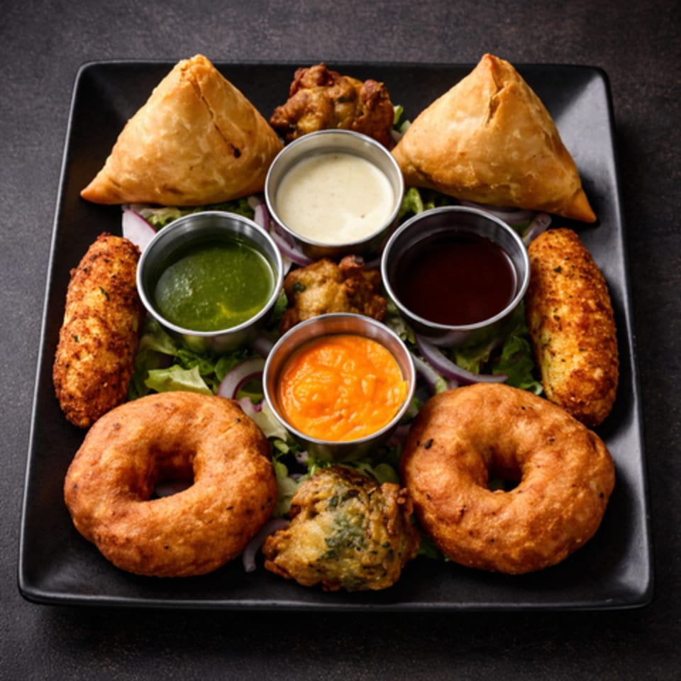 A black square plate holds an assortment of Indian appetizers, including samosas, vada, and pakora, with dipping sauces.