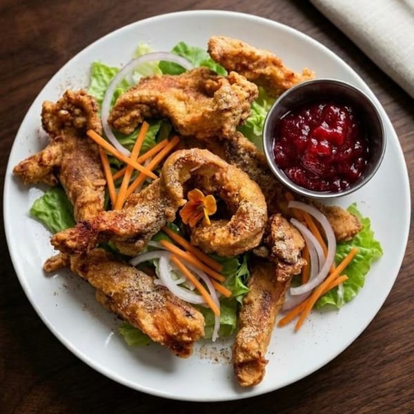 Crispy fried chicken pieces on a bed of lettuce with carrot strips, onion, and a side of cranberry sauce.