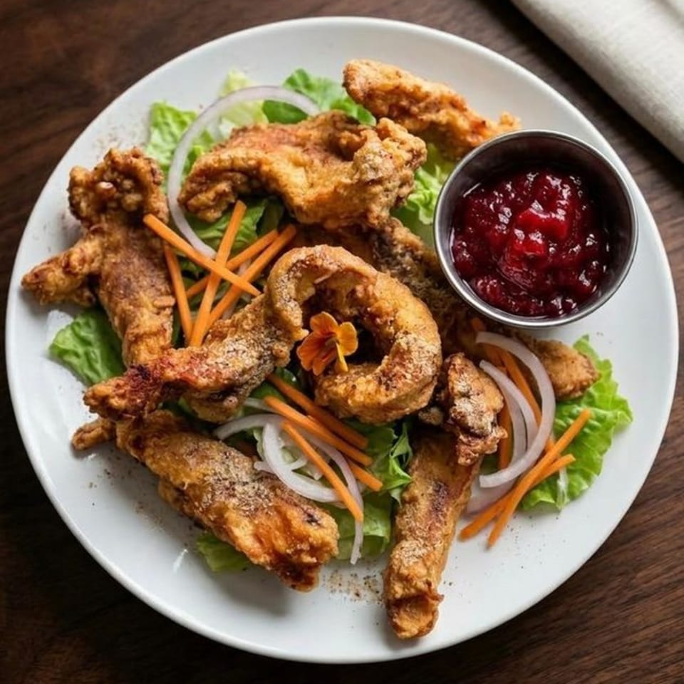 Crispy fried chicken pieces on a bed of lettuce with carrot strips, onion, and a side of cranberry sauce.