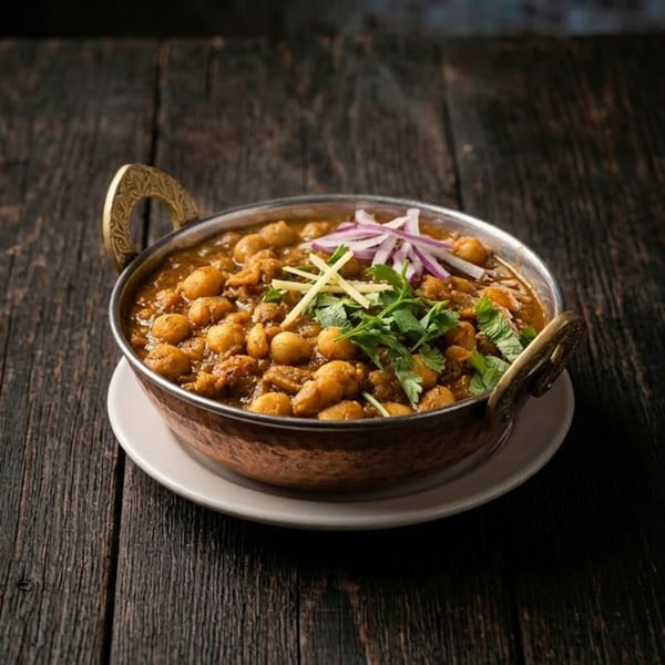 Chana Masala in a copper bowl, garnished with red onions, ginger, and cilantro on a wooden table.